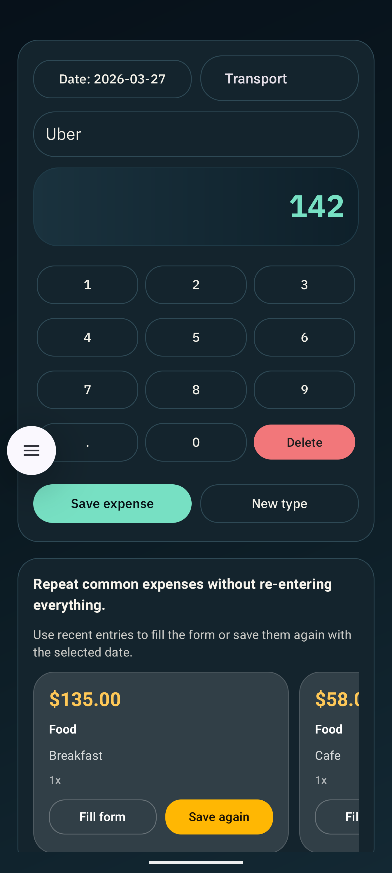 Pantalla de registro de gasto en Smart Expenses